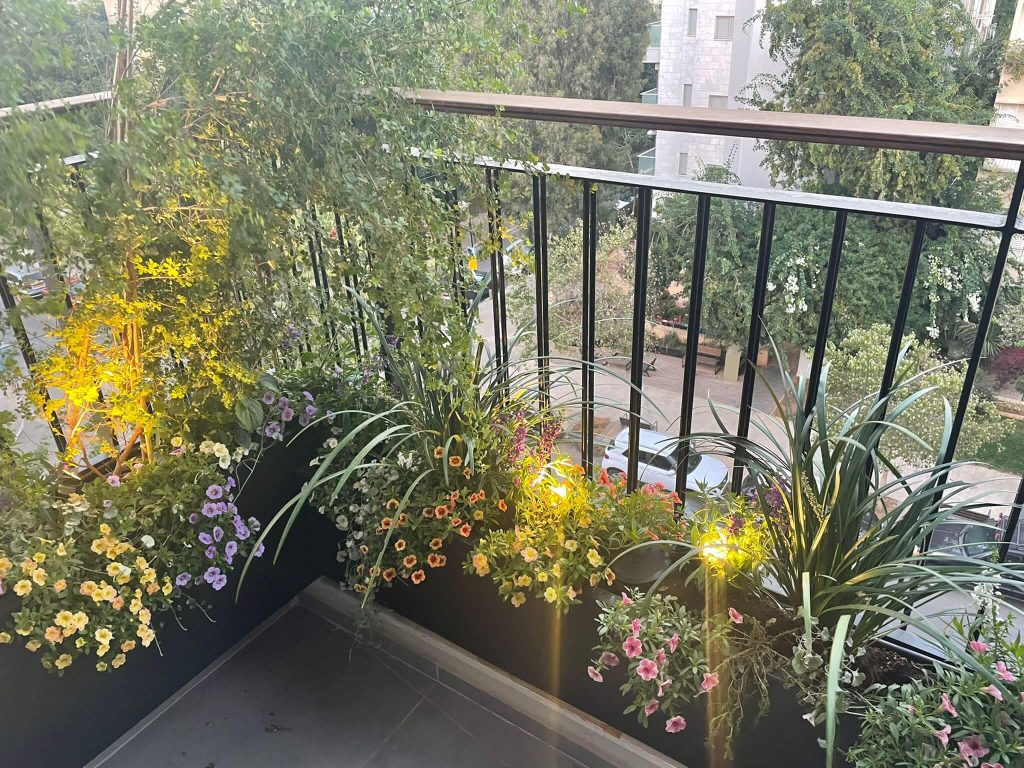 צמחיה צבעונית על מרפסת בגג - פרויקט בגני יהוד - גן בגג